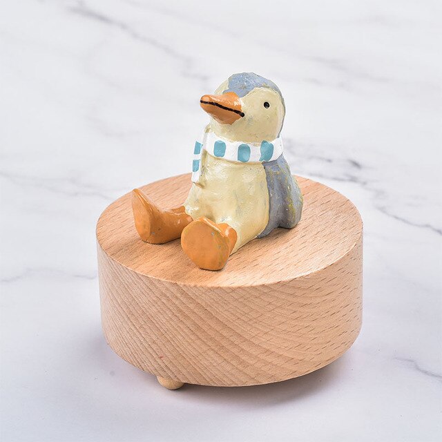 Rotating Wooden Music Box - Penguin